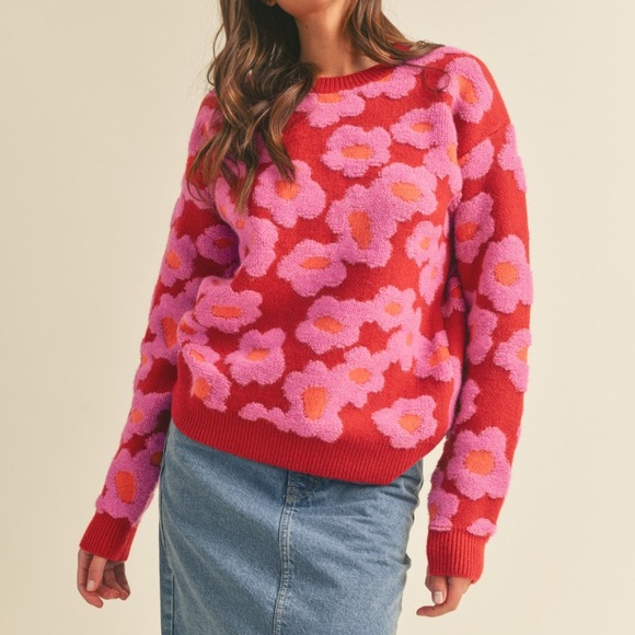 Pink fuchsia Sherpa floral flower print embroidered bohemian oversized sweater - Picture 8 of 10